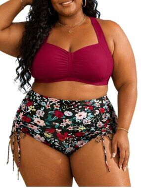 Daci Plus Size 22W Two-Piece Swimsuit High-Waisted Bottom Ruched Floral Bikini